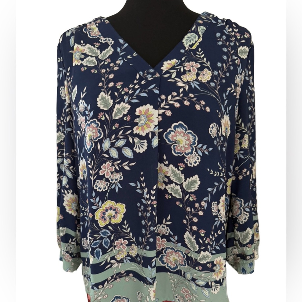 Navy Floral V-Neck Blouse